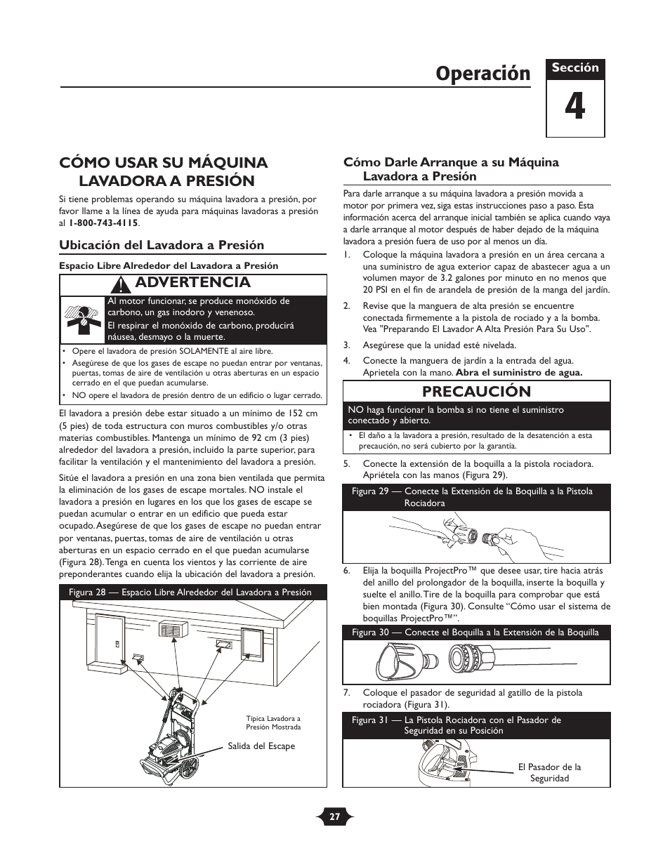 Operación, Cómo usar su máquina lavadora a presión, Precaución | Advertencia | Briggs & Stratton 20228 User Manual | Page 27 / 36