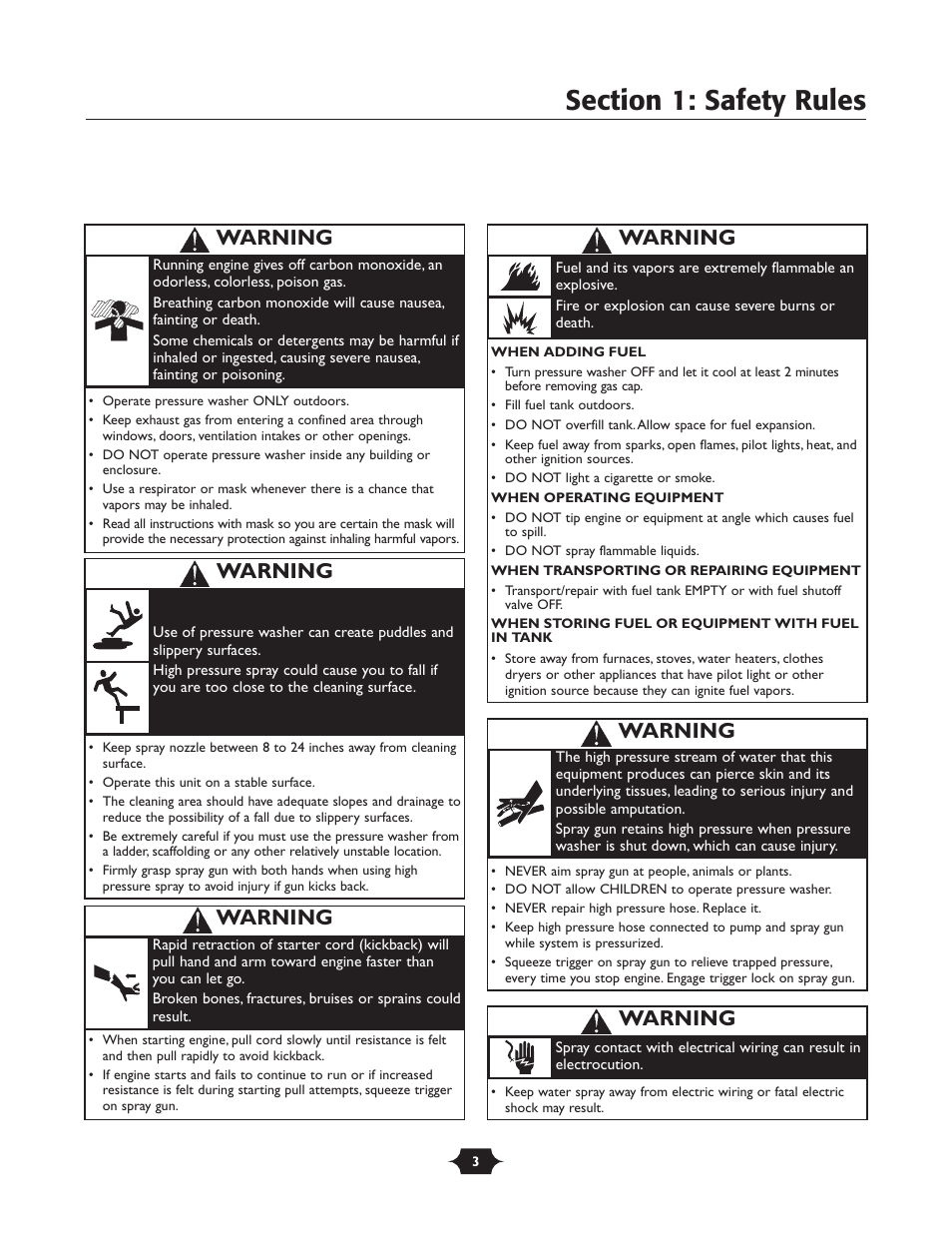 Warning | Briggs & Stratton 20228 User Manual | Page 3 / 36