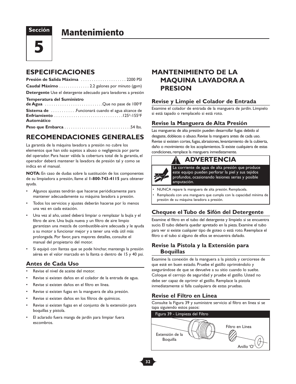 Mantenimiento, Especificaciones, Recomendaciones generales | Mantenimiento de la maquina lavadora a presion, Advertencia | Briggs & Stratton 20228 User Manual | Page 32 / 36