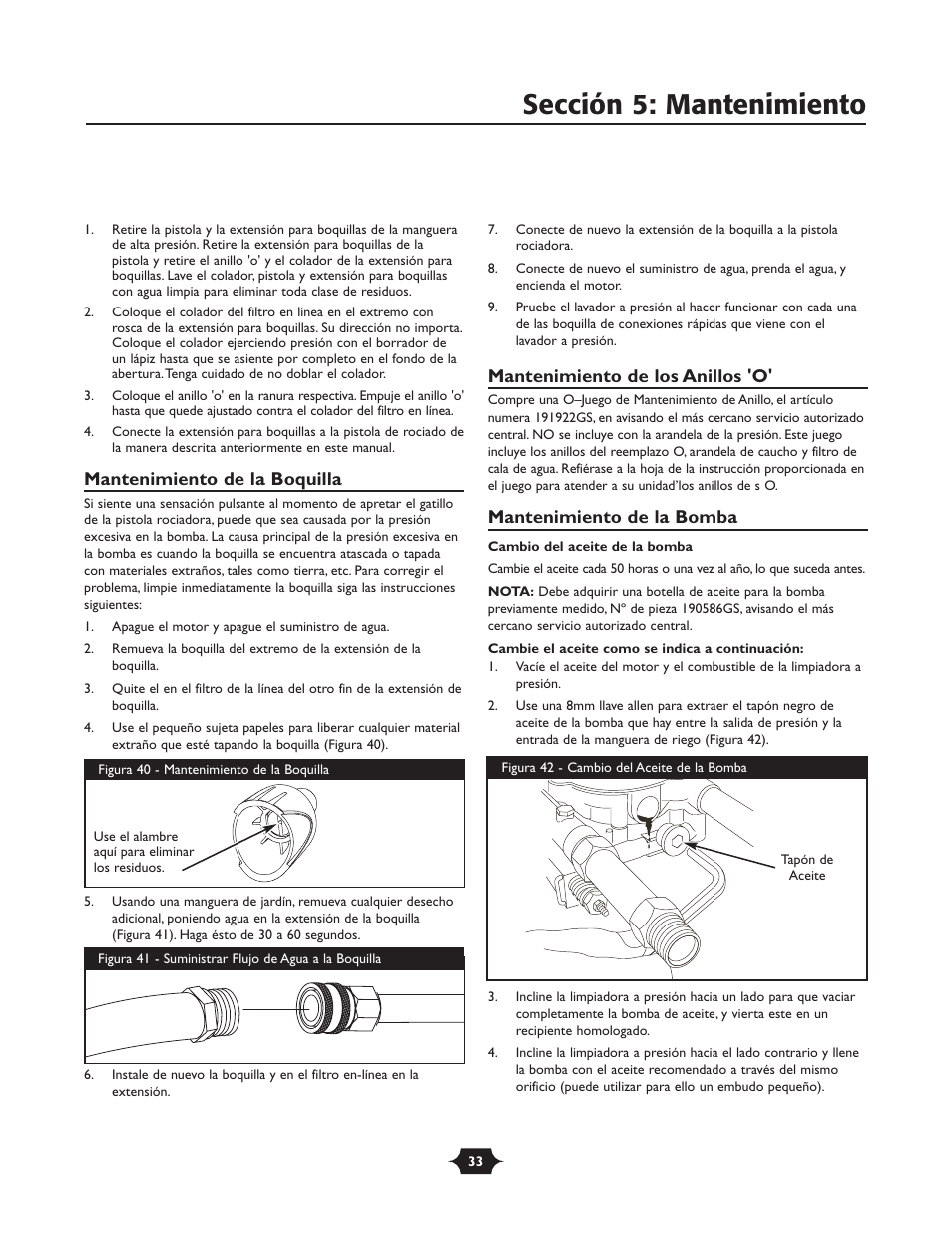 Sección 5: mantenimiento, Mantenimiento de la boquilla, Mantenimiento de los anillos 'o | Mantenimiento de la bomba | Briggs & Stratton 20228 User Manual | Page 33 / 36