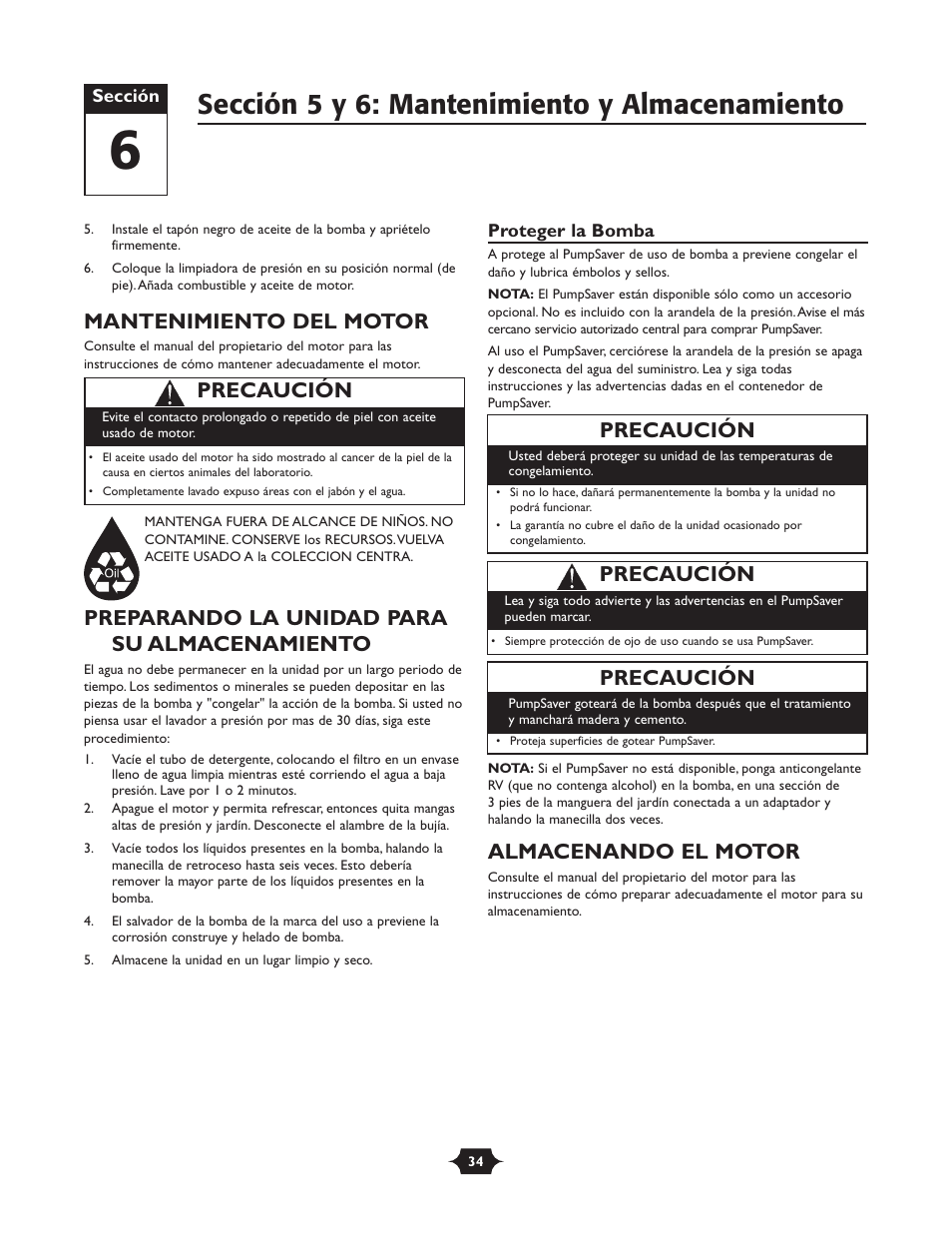 Sección 5 y 6: mantenimiento y almacenamiento, Mantenimiento del motor, Preparando la unidad para su almacenamiento | Almacenando el motor, Precaución | Briggs & Stratton 20228 User Manual | Page 34 / 36