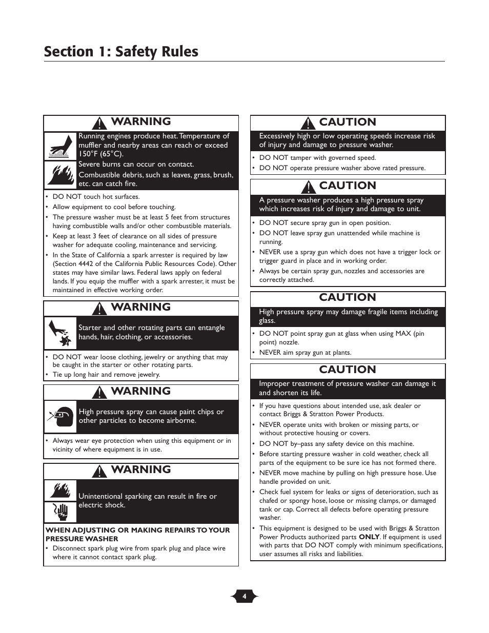 Caution, Warning | Briggs & Stratton 20228 User Manual | Page 4 / 36