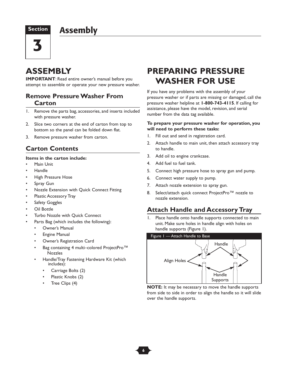 Assembly, Preparing pressure washer for use, Remove pressure washer from carton | Carton contents, Attach handle and accessory tray | Briggs & Stratton 20228 User Manual | Page 6 / 36