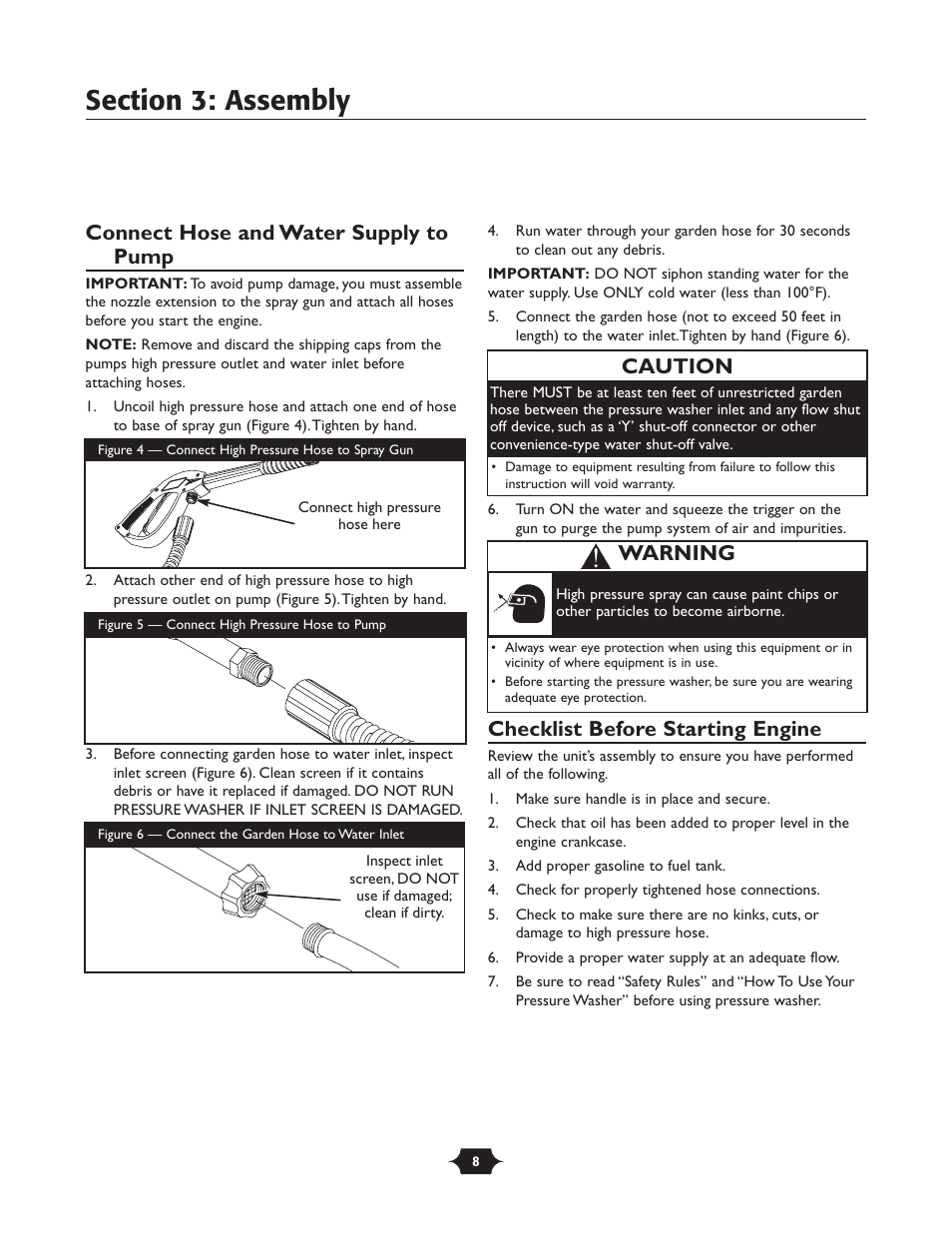 Connect hose and water supply to pump, Checklist before starting engine, Caution | Warning | Briggs & Stratton 20228 User Manual | Page 8 / 36