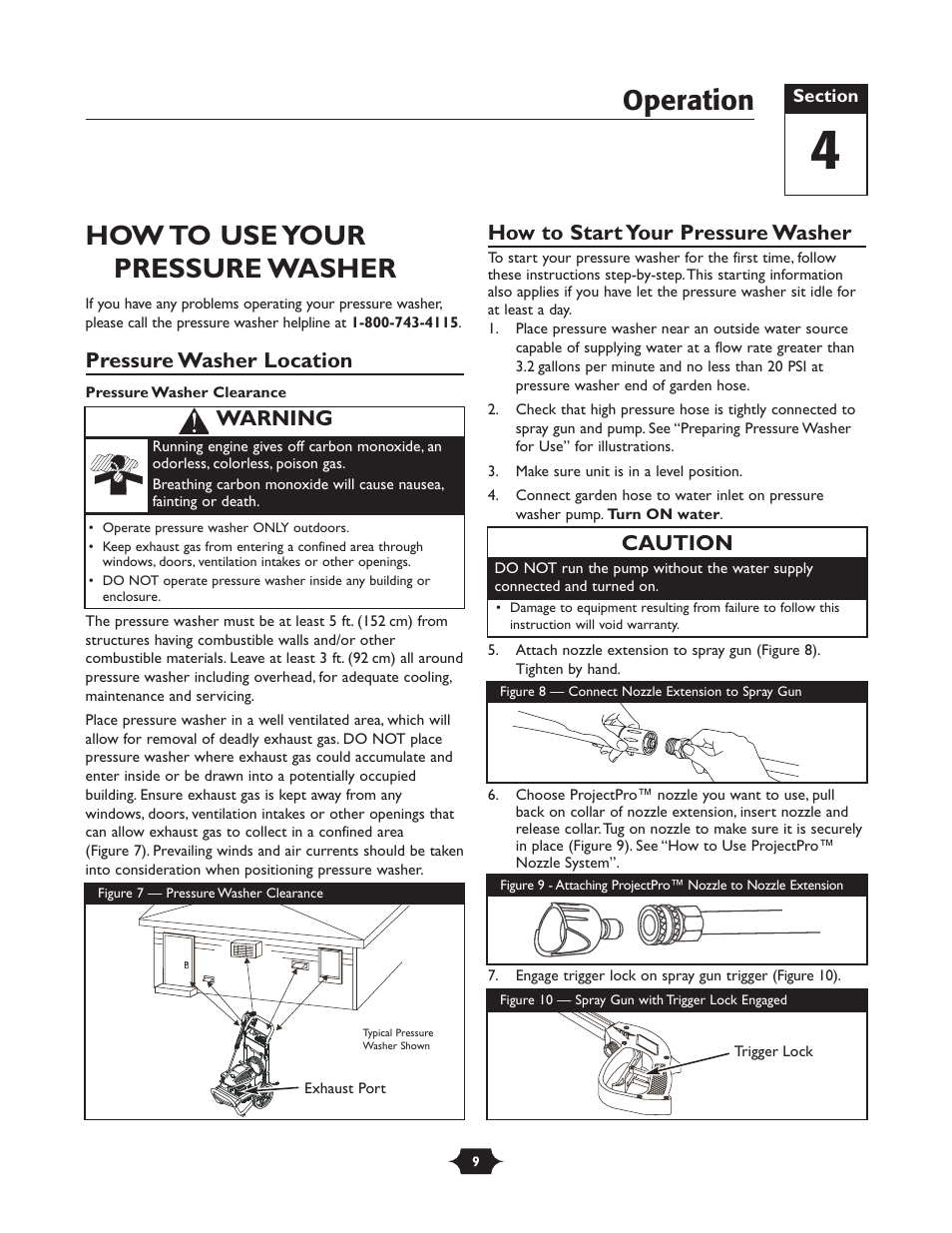 How to use your pressure washer, Operation, Pressure washer location | How to start your pressure washer, Warning, Caution | Briggs & Stratton 20228 User Manual | Page 9 / 36