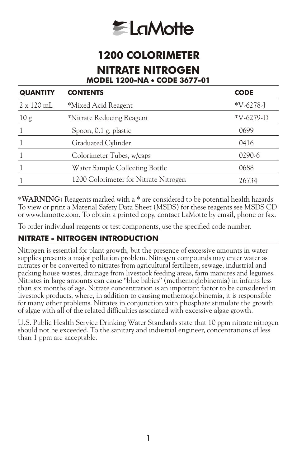 LaMotte 1200-NA COLORIMETER User Manual | 4 pages