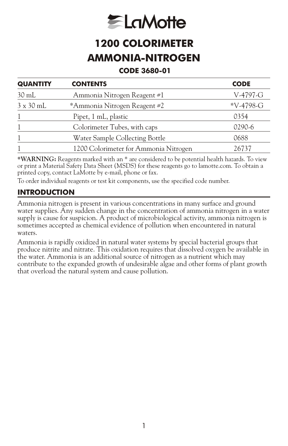 LaMotte 1200 COLORIMETER AMMONIA-NITROGEN User Manual | 4 pages