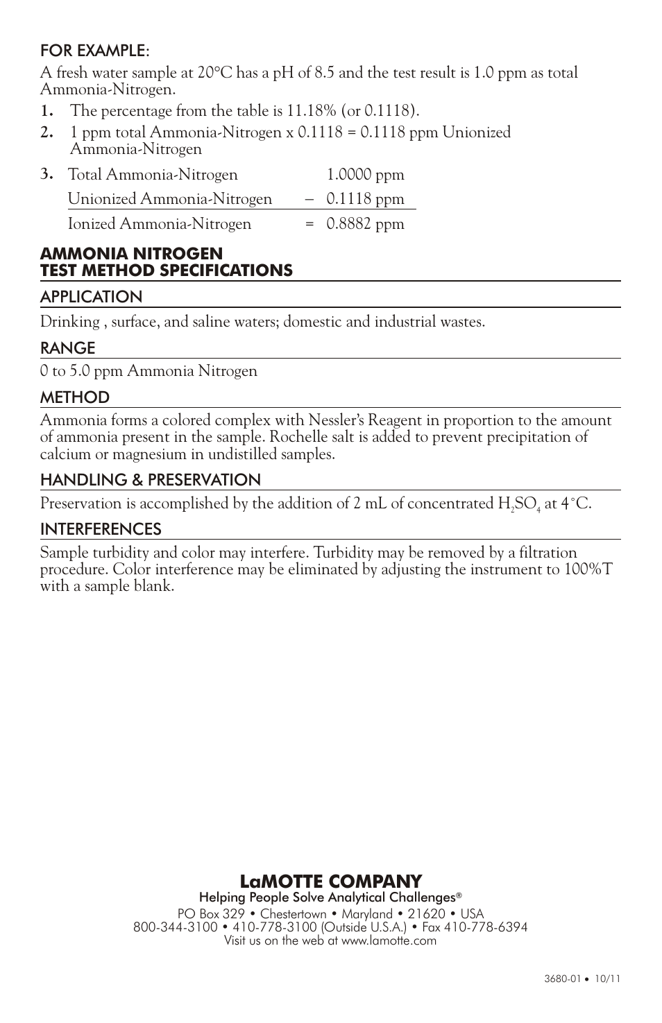 Lamotte company | LaMotte 1200 COLORIMETER AMMONIA-NITROGEN User Manual | Page 4 / 4