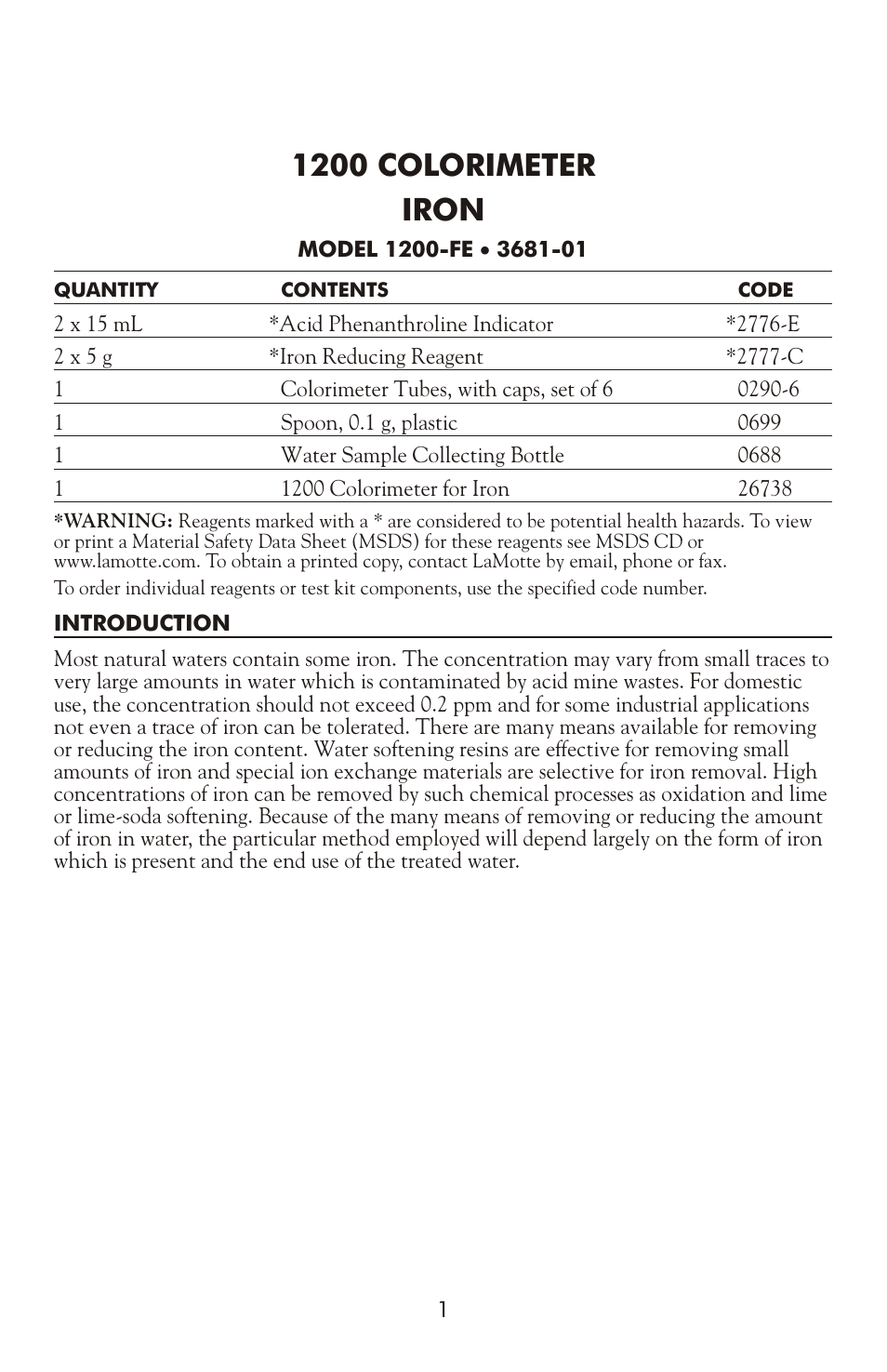 LaMotte 1200 COLORIMETER IRON 1200-FE User Manual | 4 pages