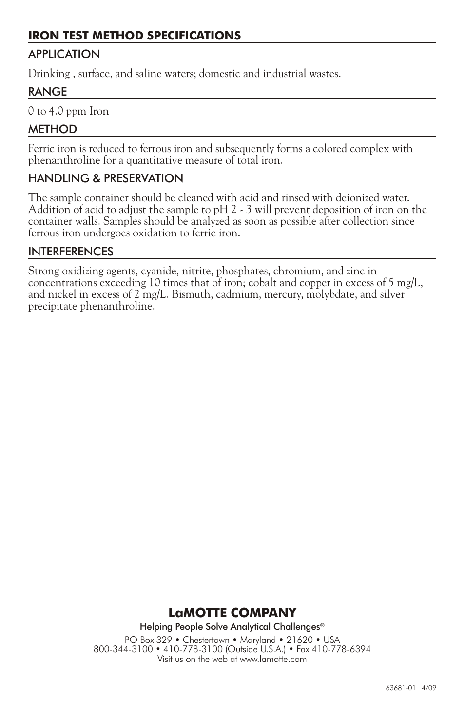 Lamotte company | LaMotte 1200 COLORIMETER IRON 1200-FE User Manual | Page 4 / 4