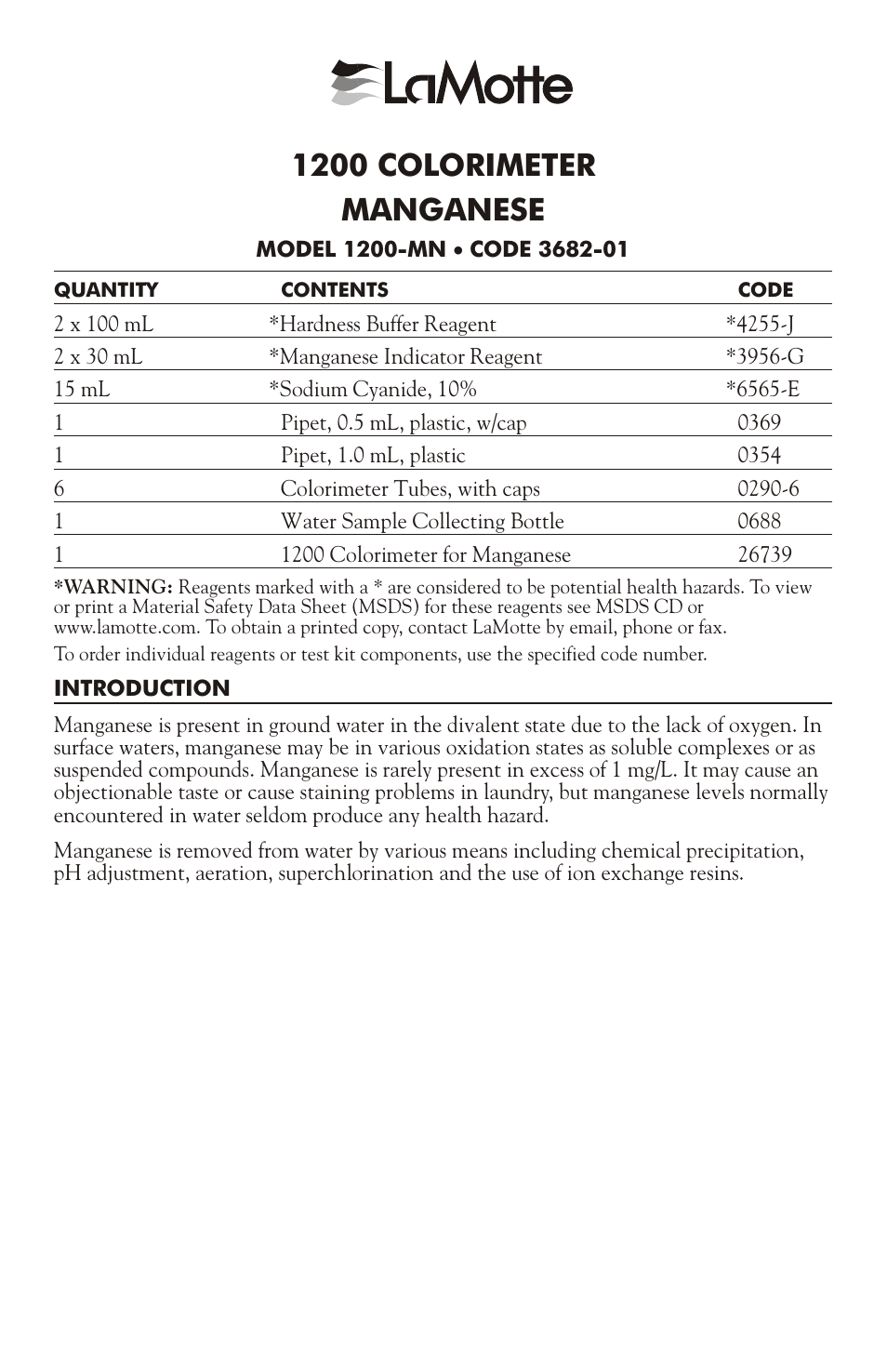 LaMotte 1200 COLORIMETER MANGANESE 1200-MN User Manual | 4 pages