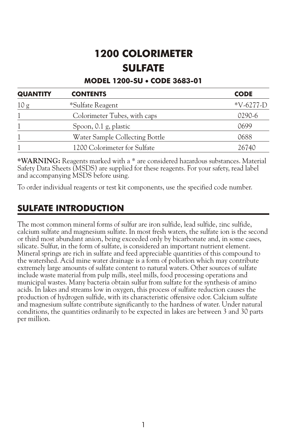 LaMotte 1200 COLORIMETER SULFATE 1200-SU User Manual | 4 pages