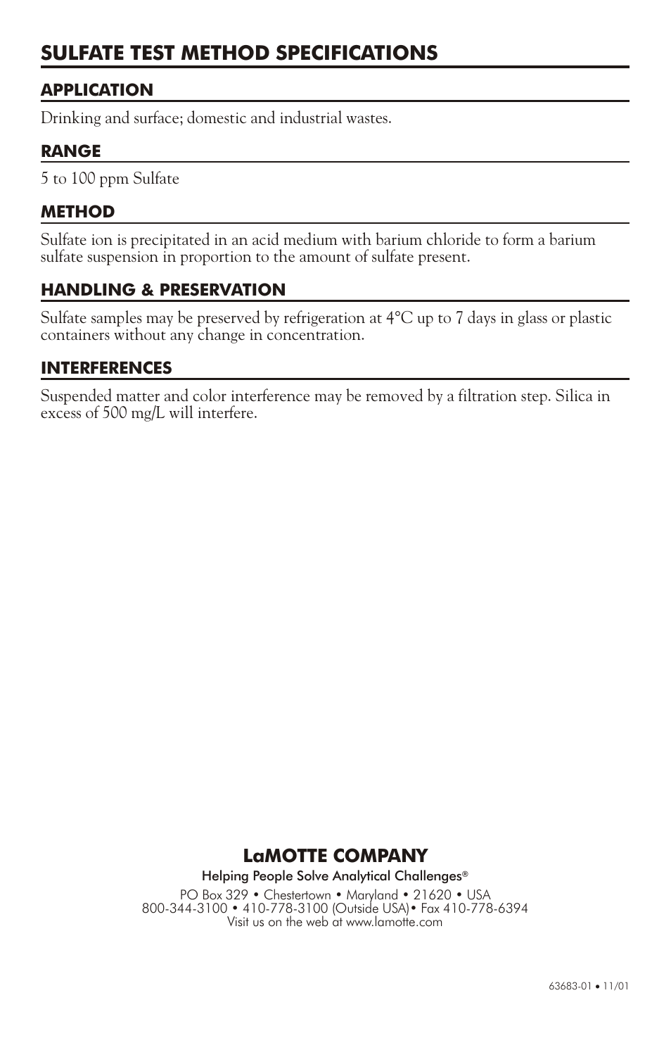 Sulfate test method specifications, Lamotte company | LaMotte 1200 COLORIMETER SULFATE 1200-SU User Manual | Page 4 / 4