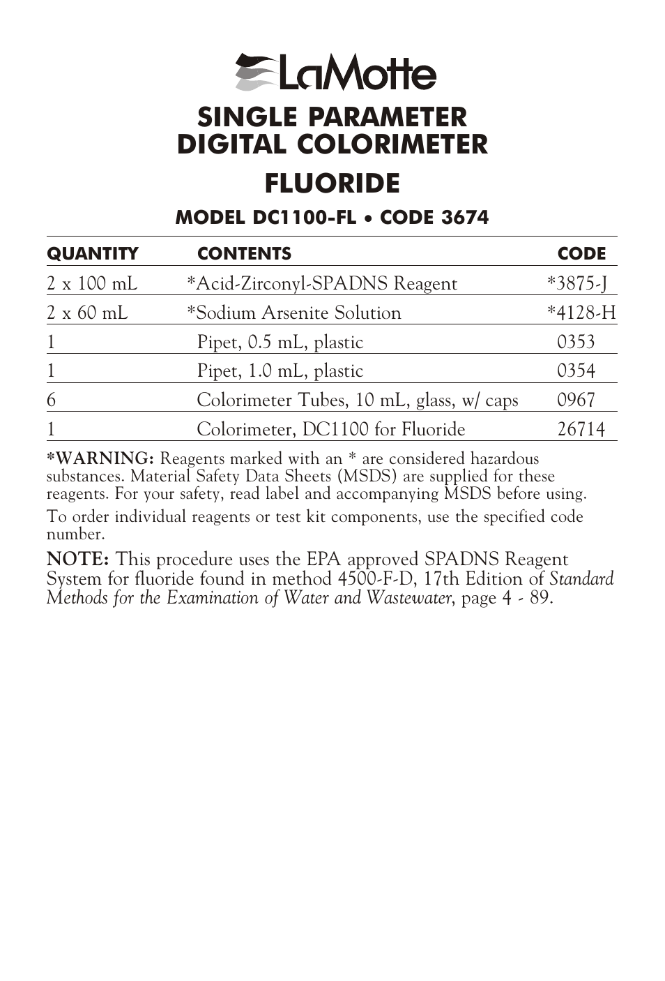 LaMotte DC1100-FL User Manual | 2 pages