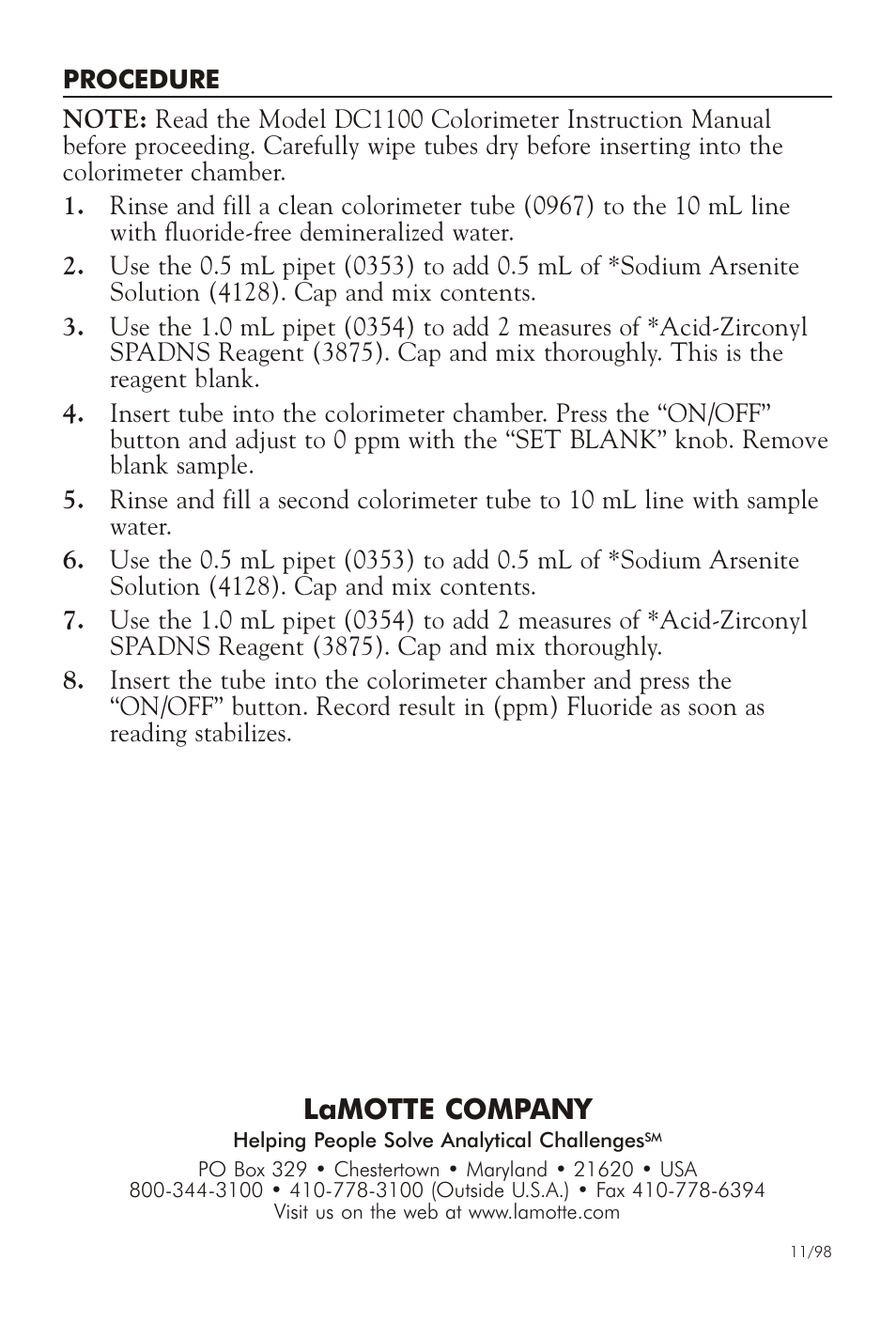 Lamotte com pany | LaMotte DC1100-FL User Manual | Page 2 / 2