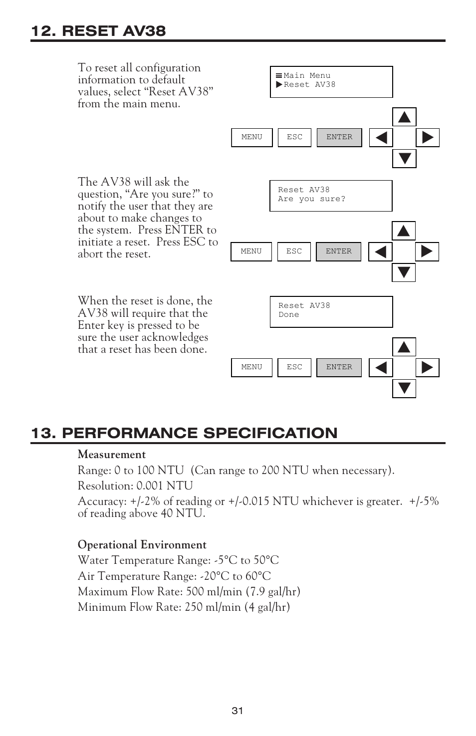 Reset av38, Performance specification | LaMotte 2020 ClearTrace User Manual | Page 32 / 36