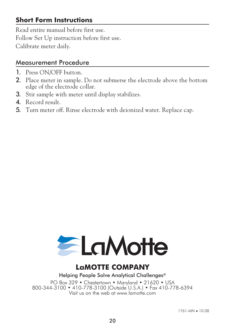 Lamotte company | LaMotte Tracer Dissolved Oxygen Meter User Manual | Page 20 / 21