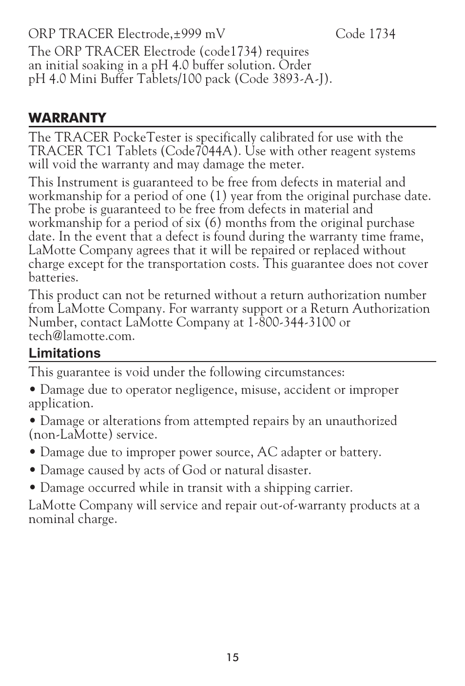 LaMotte Tracer Total Chlorine Meter User Manual | Page 15 / 16