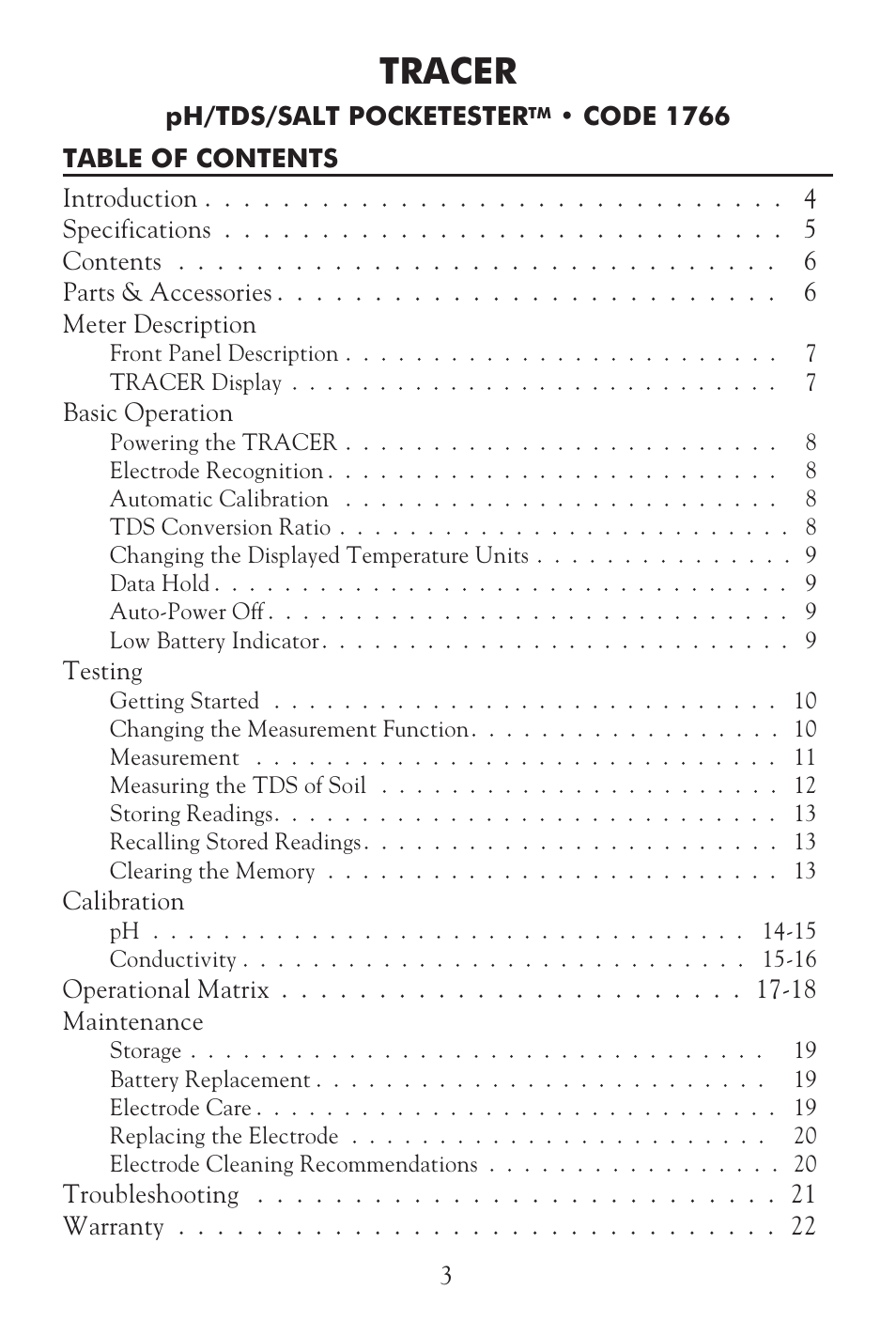 Tracer | LaMotte Tracer Salt Meter User Manual | Page 3 / 24