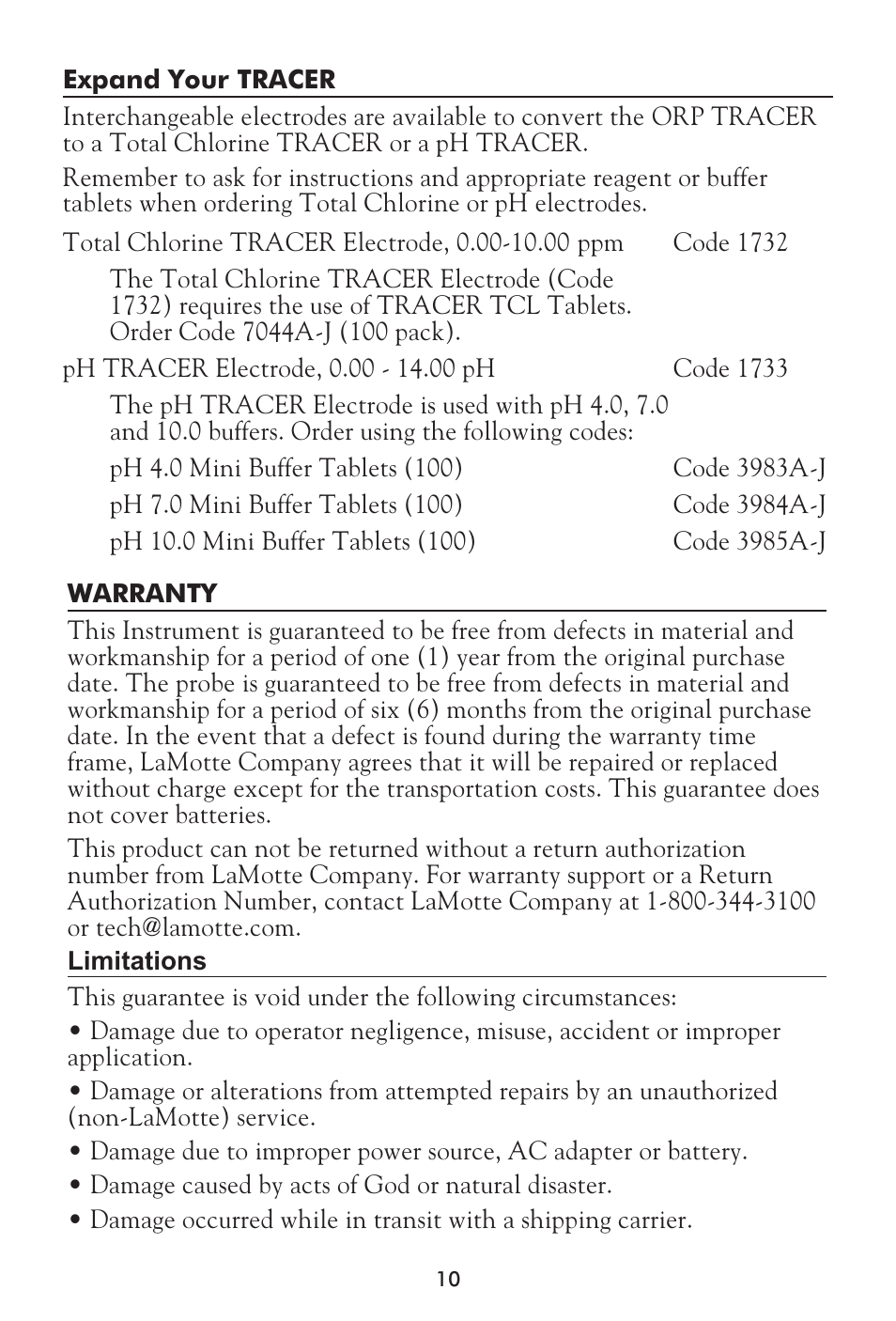 LaMotte Tracer ORP Meter User Manual | Page 10 / 12