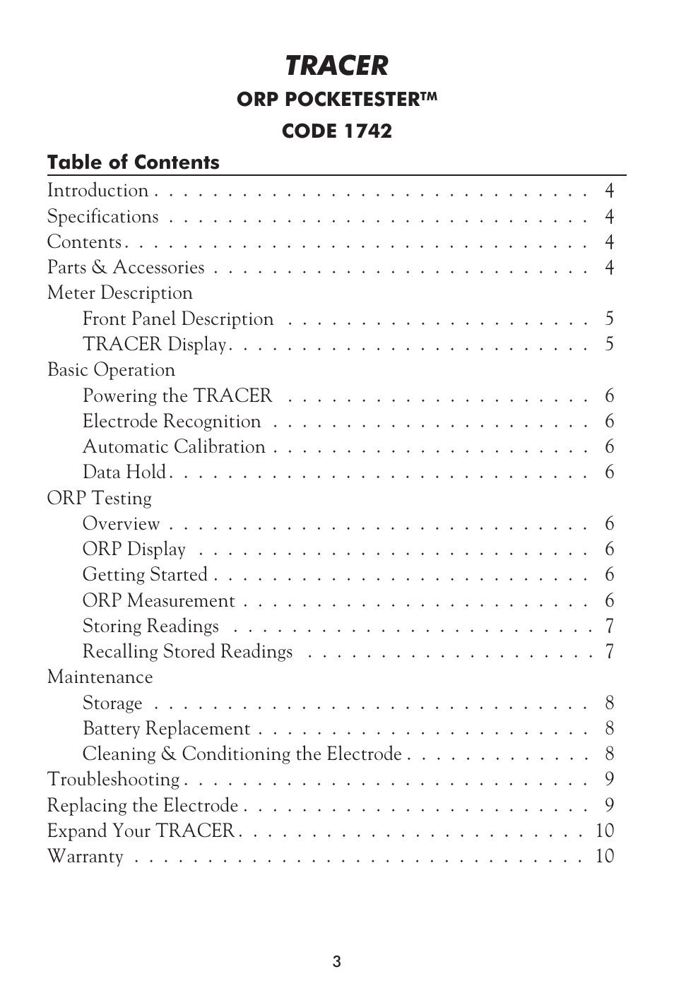 Tracer | LaMotte Tracer ORP Meter User Manual | Page 3 / 12