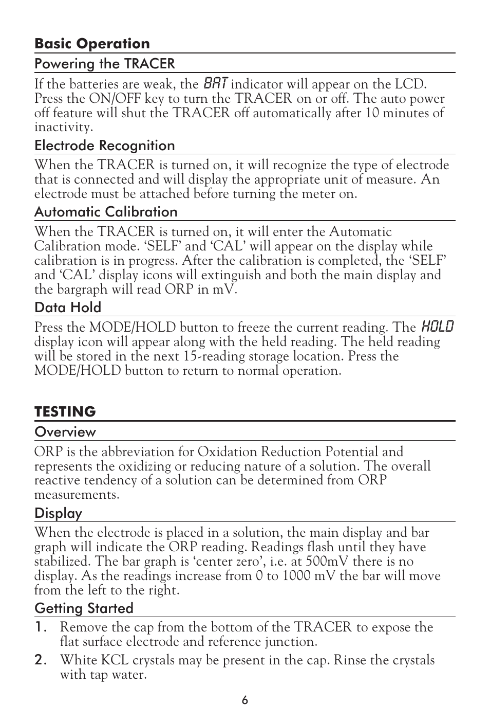 Hold | LaMotte Tracer ORP Meter User Manual | Page 6 / 12