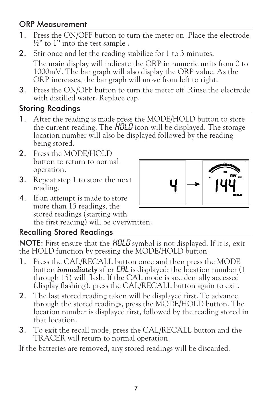 Hold | LaMotte Tracer ORP Meter User Manual | Page 7 / 12