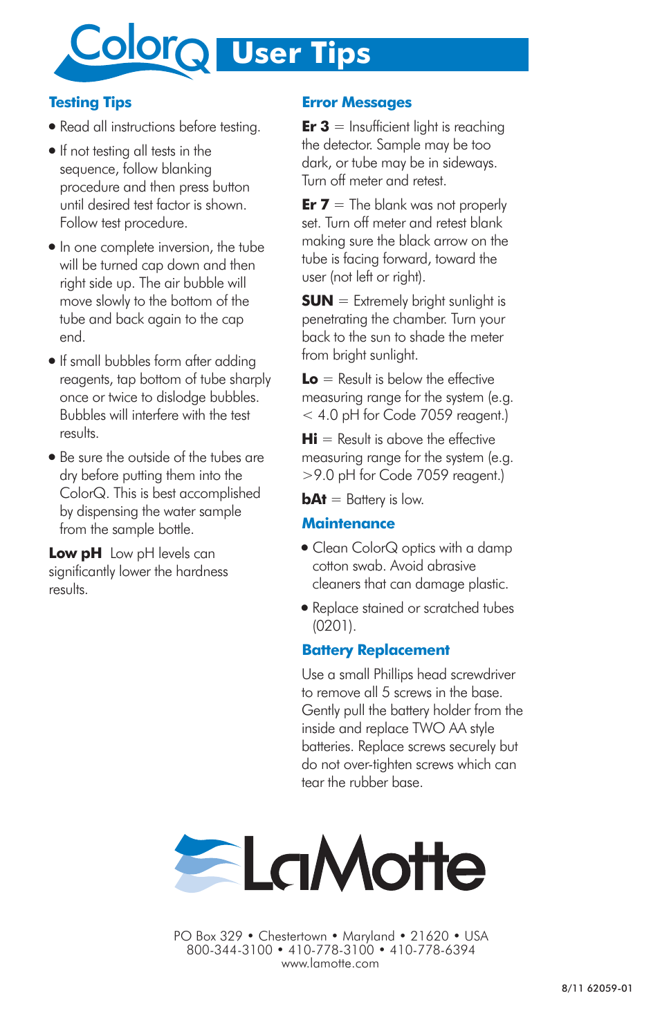 Color, User tips | LaMotte ColorQ DW User Manual | Page 8 / 8