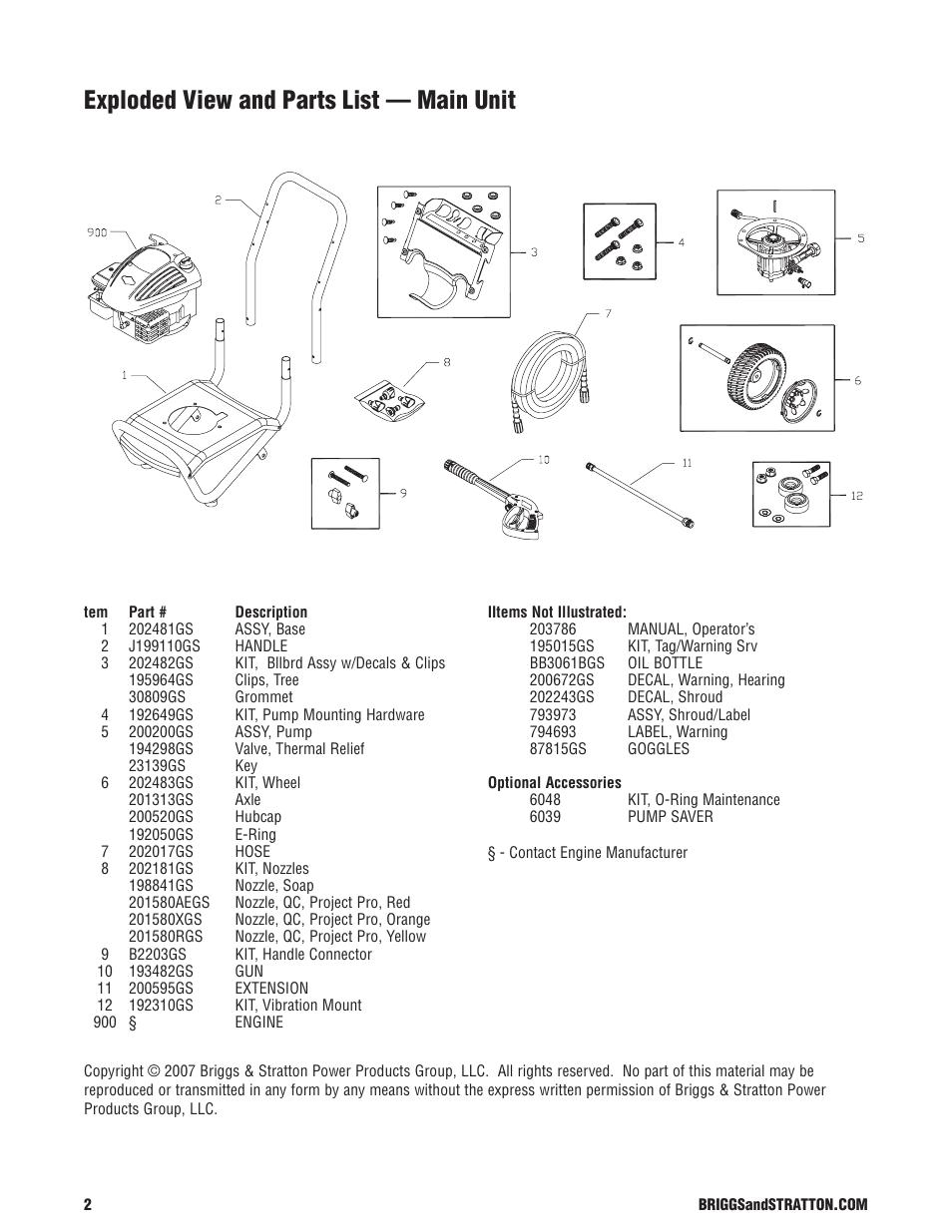 Exploded view and parts list — main unit | Briggs & Stratton 20305 User Manual | Page 2 / 3