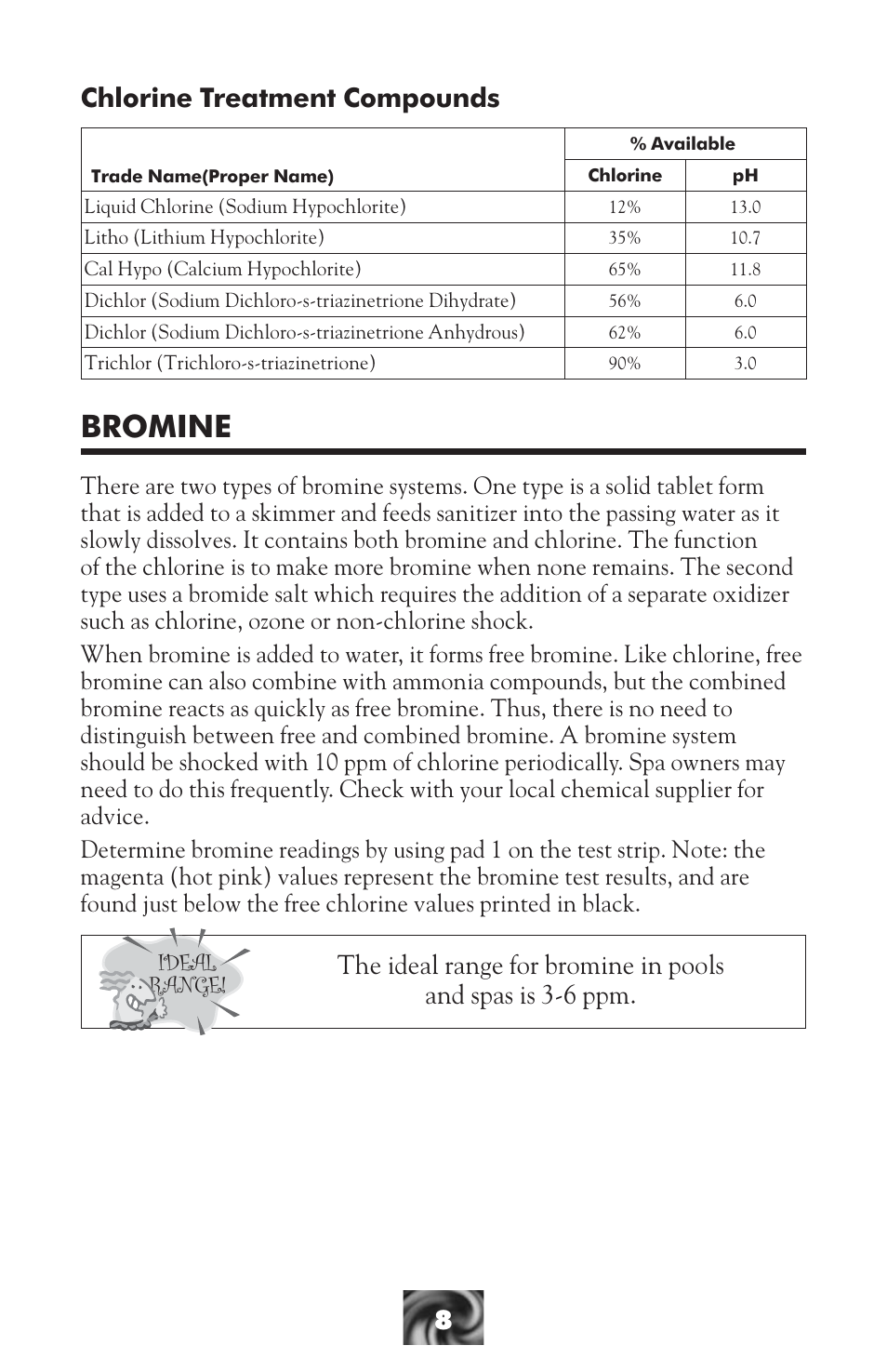 Bromine, Chlorine treatment compounds, Ideal range | LaMotte Pool & Spa Owner's Handbook User Manual | Page 10 / 40