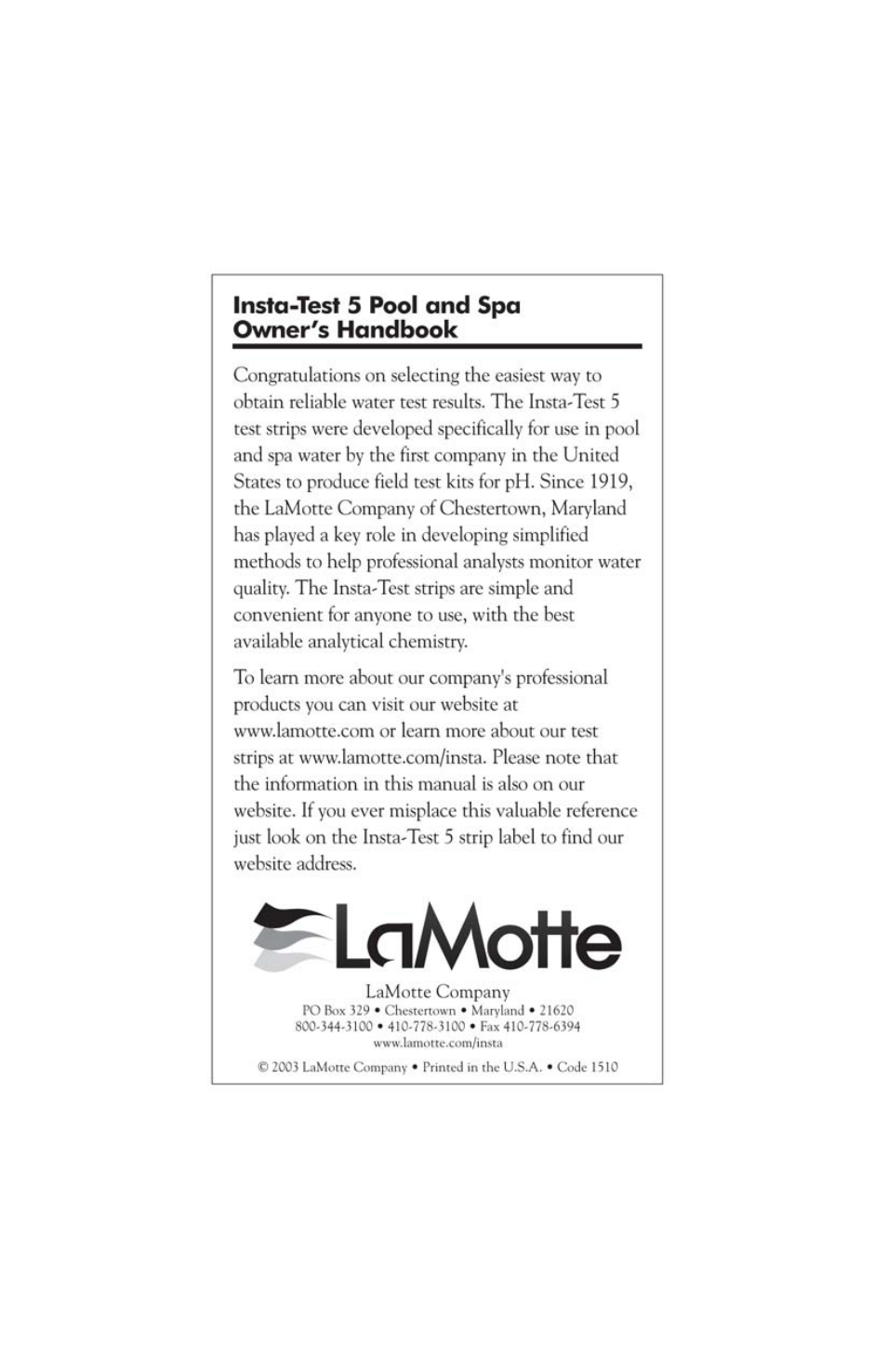 1510 cover-2 | LaMotte Pool & Spa Owner's Handbook User Manual | Page 2 / 40