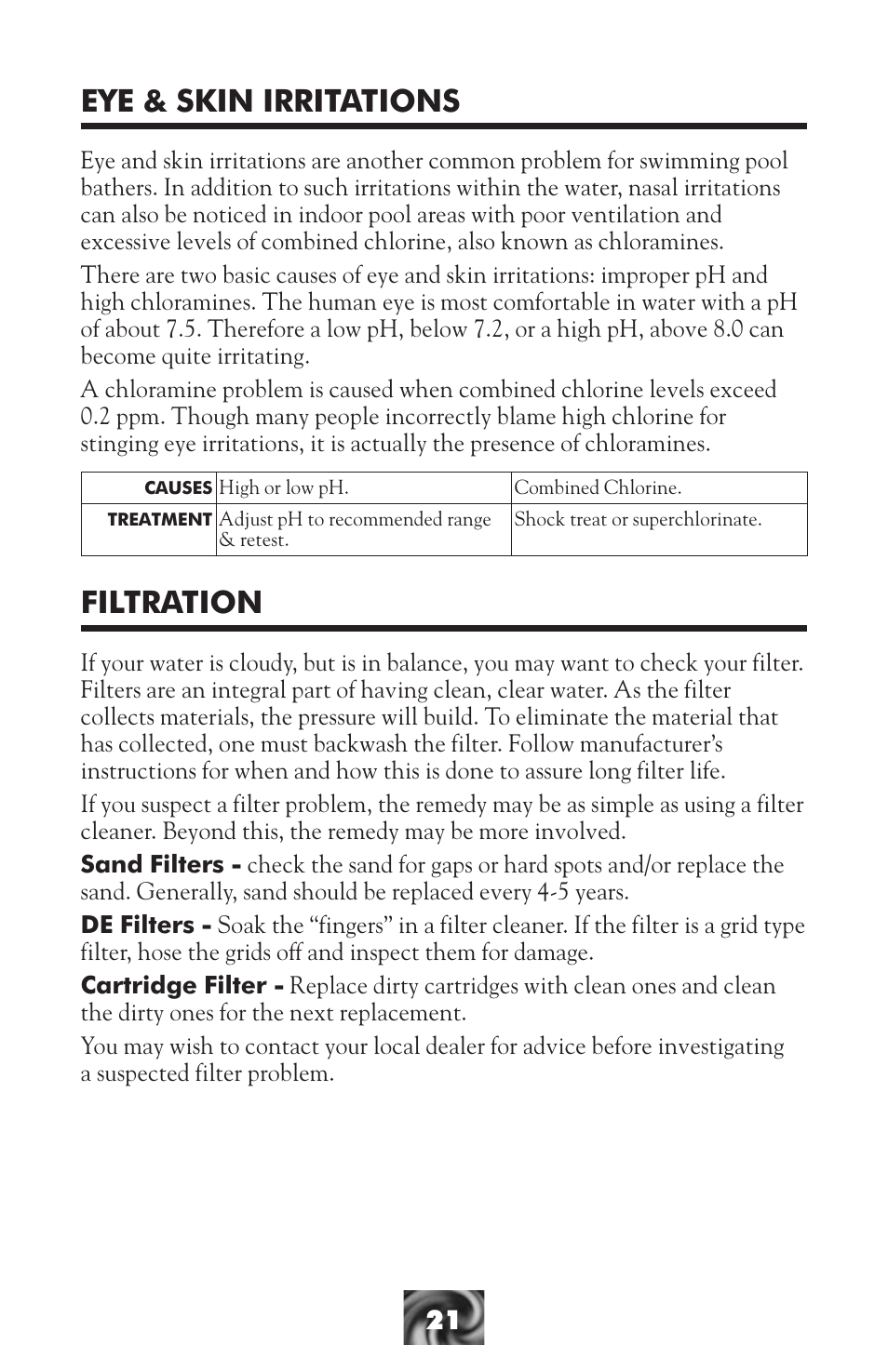 Eye & skin irritations, Filtration | LaMotte Pool & Spa Owner's Handbook User Manual | Page 23 / 40