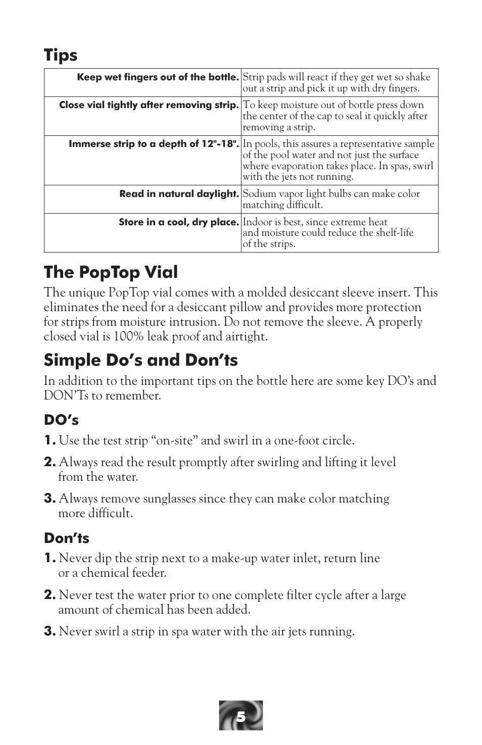 Tips, The poptop vial, Simple do’s and don’ts | LaMotte Pool & Spa Owner's Handbook User Manual | Page 7 / 40