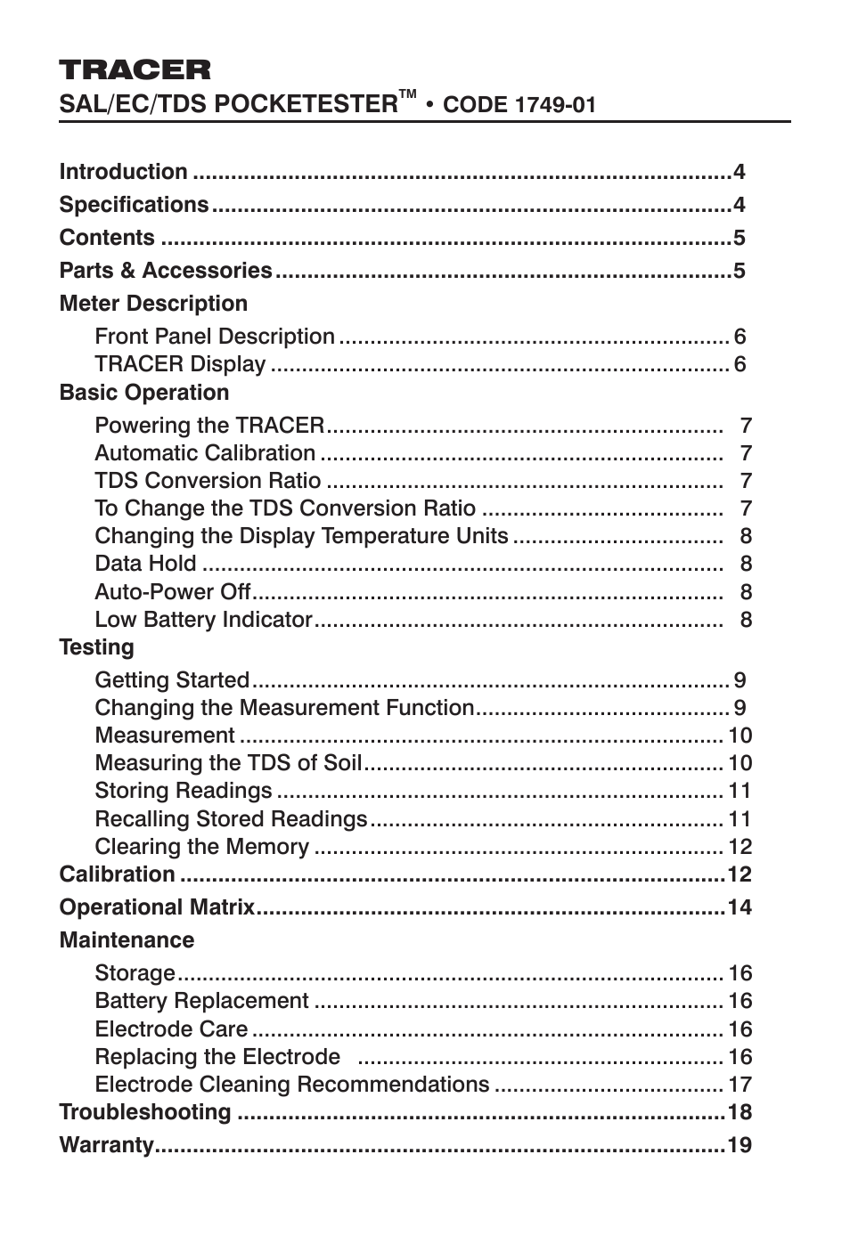 Tracer | LaMotte TRACER POCKETESTER TDS User Manual | Page 3 / 20