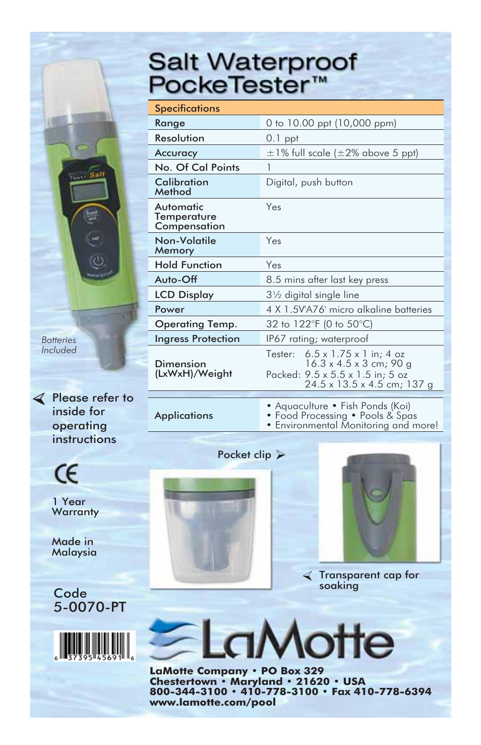 0070-pt, Code | LaMotte SALT WATERPROOF POCKETESTER User Manual | Page 4 / 4