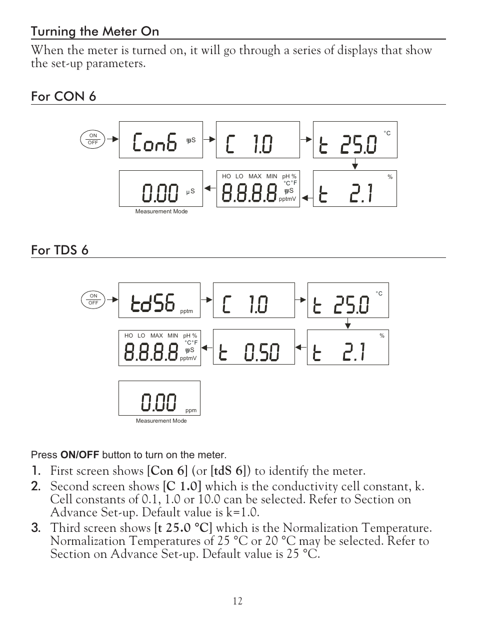 Press on/off button to turn on the meter | LaMotte 5 Series TDS Meter User Manual | Page 12 / 40