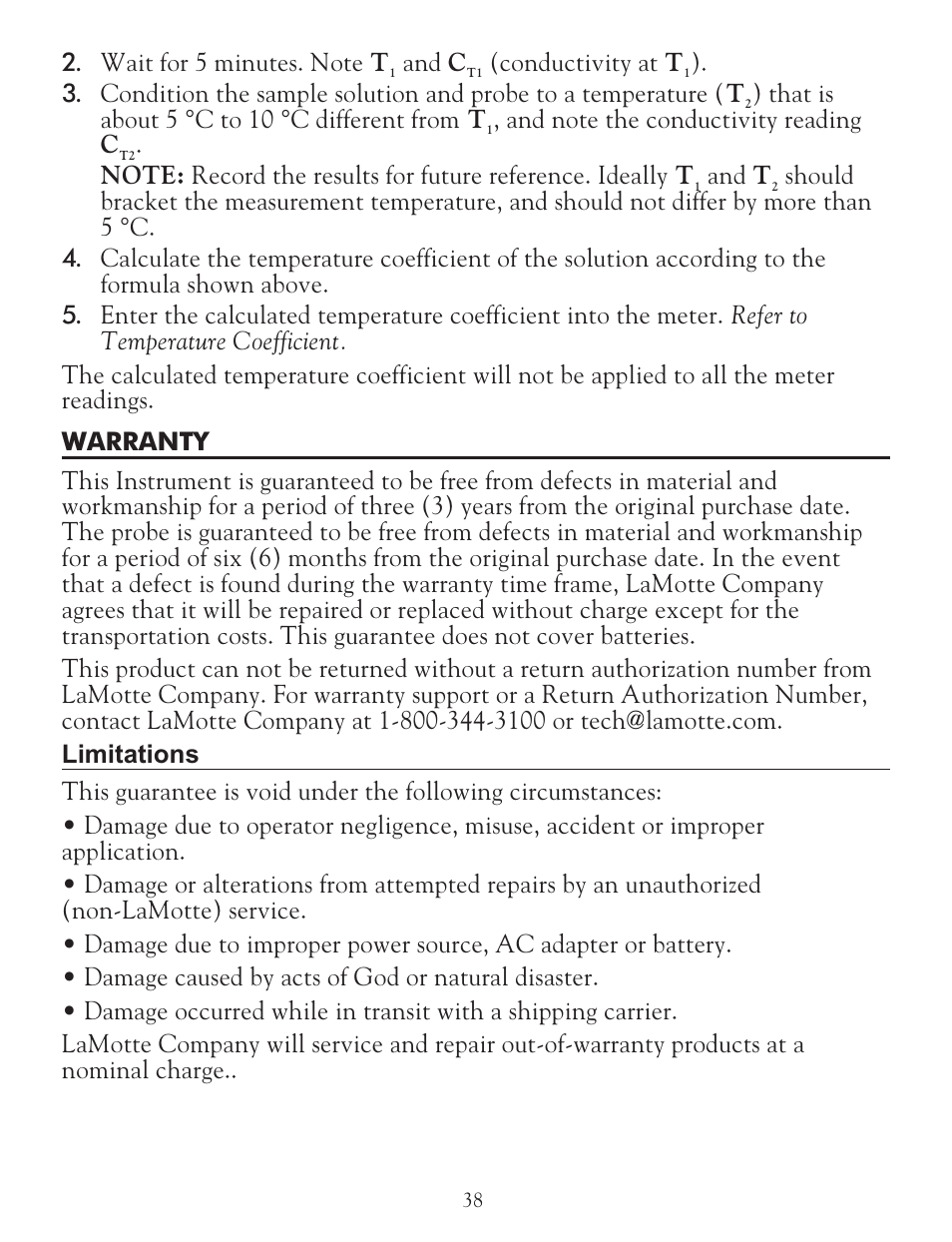 And c, Conductivity at t, That is about 5 °c to 10 °c different from t | And t | LaMotte 5 Series TDS Meter User Manual | Page 38 / 40