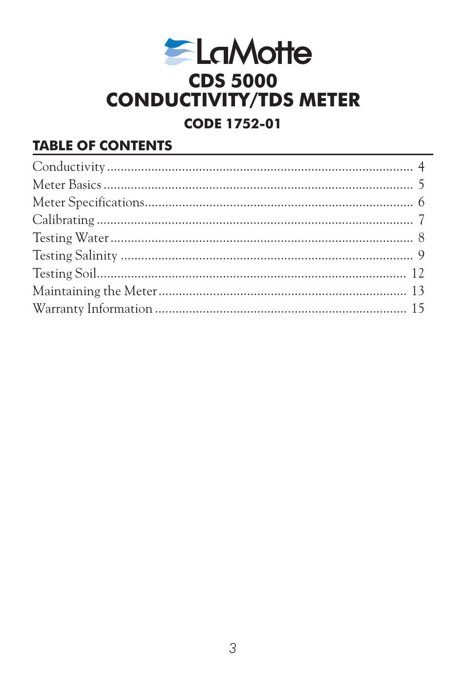 L mott | LaMotte CDS 5000 Conductivity Meter User Manual | Page 3 / 18