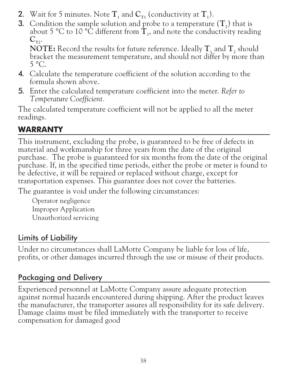 And c, Conductivity at t, That is about 5 °c to 10 °c different from t | And t | LaMotte TDS 6 Conductivity User Manual | Page 38 / 40