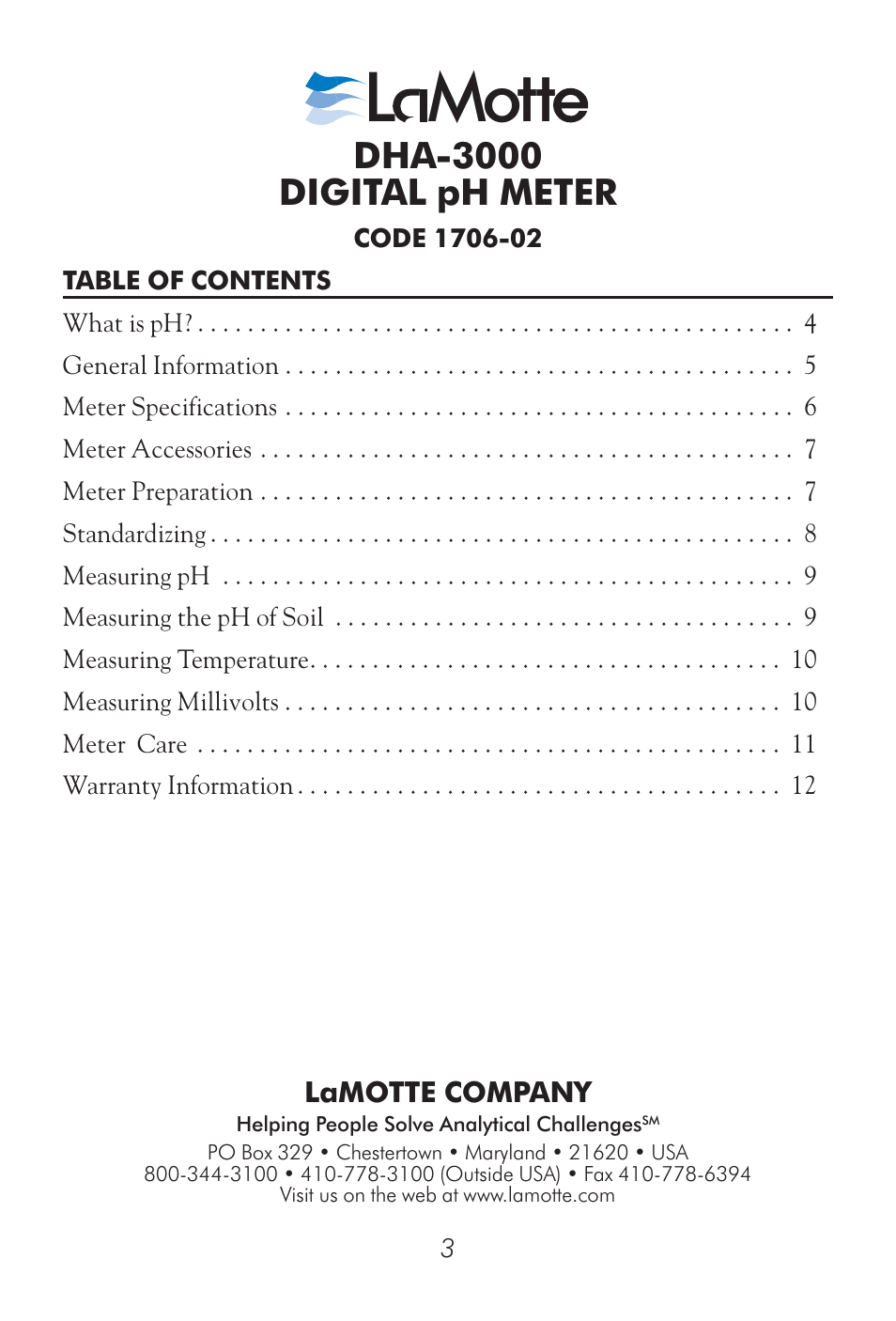 LaMotte DHA 3000 Digital pH Meter User Manual | 11 pages