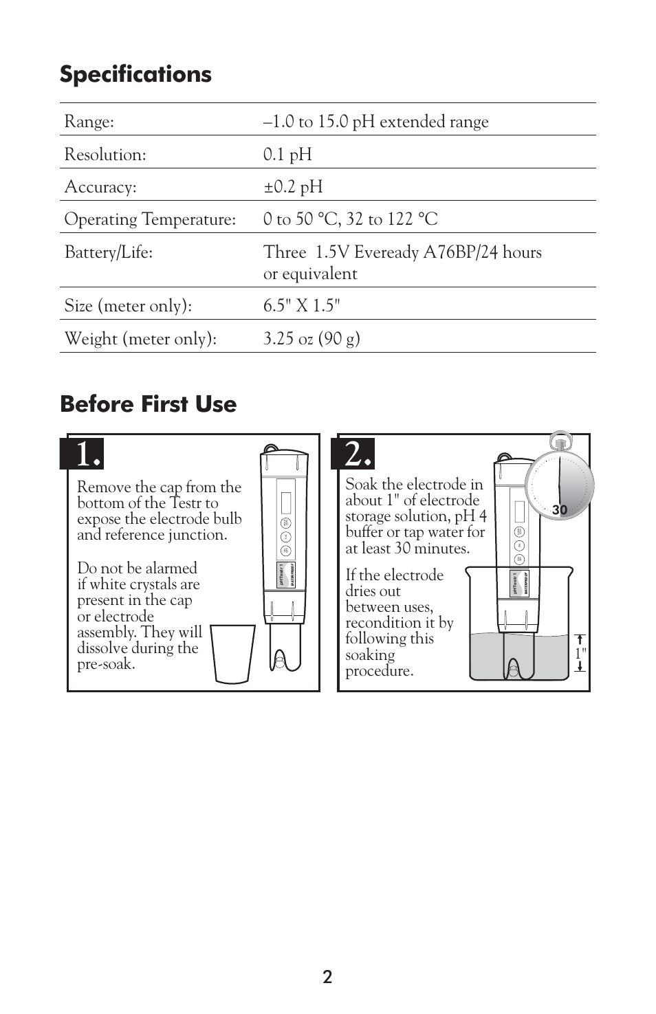 Specifications, Before first use | LaMotte pH Waterproof Testr 1 Meter User Manual | Page 2 / 8