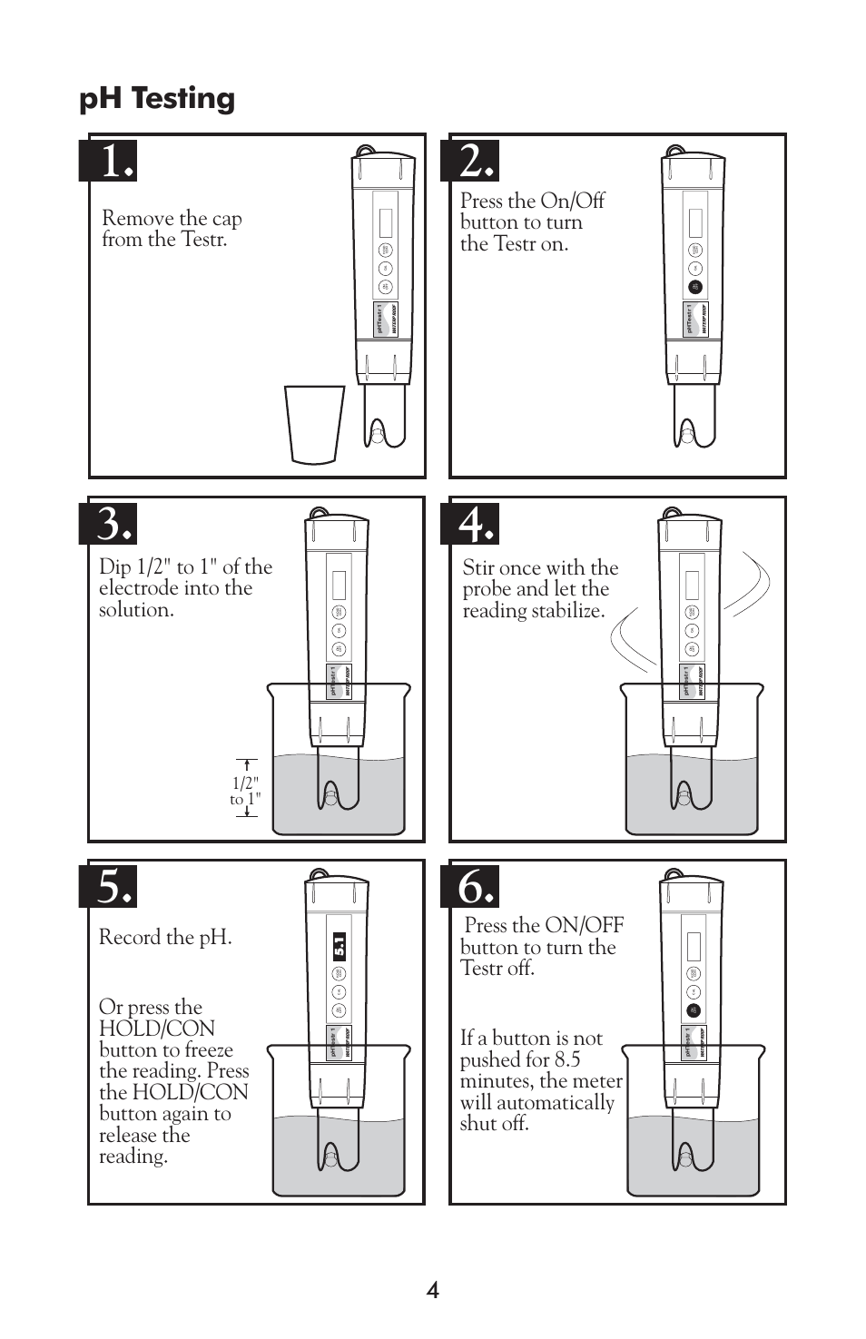 Ph testing, 1/2" to 1 | LaMotte pH Waterproof Testr 1 Meter User Manual | Page 4 / 8