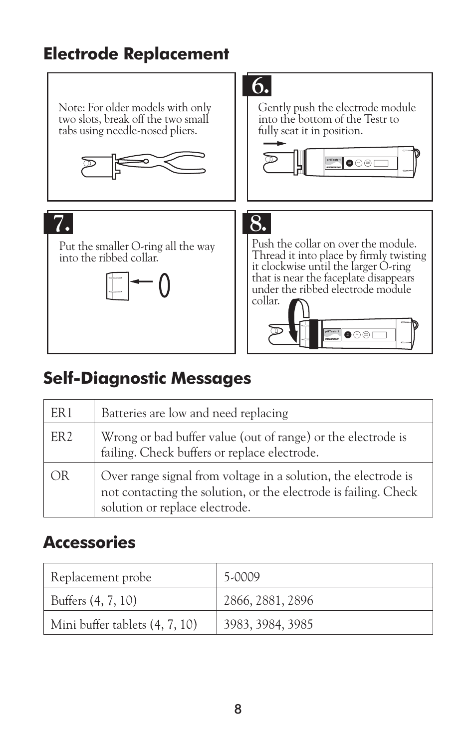 Electrode replacement self-diagnostic messages, Accessories | LaMotte pH Waterproof Testr 1 Meter User Manual | Page 8 / 8