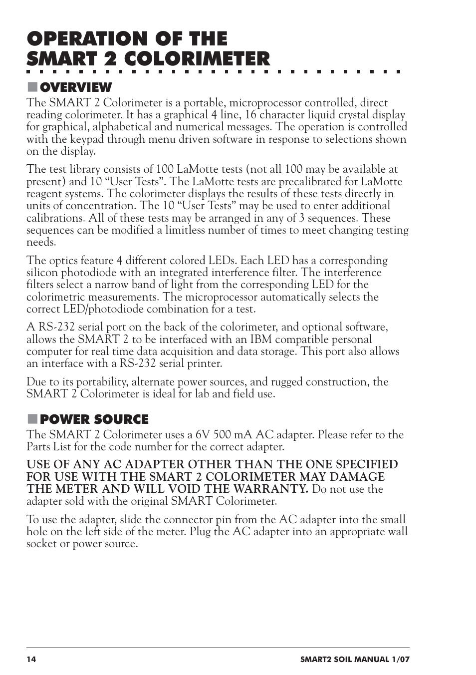 Operation of the smart 2 colorimeter | LaMotte SMART 2 Electronic Soil Lab User Manual | Page 14 / 84