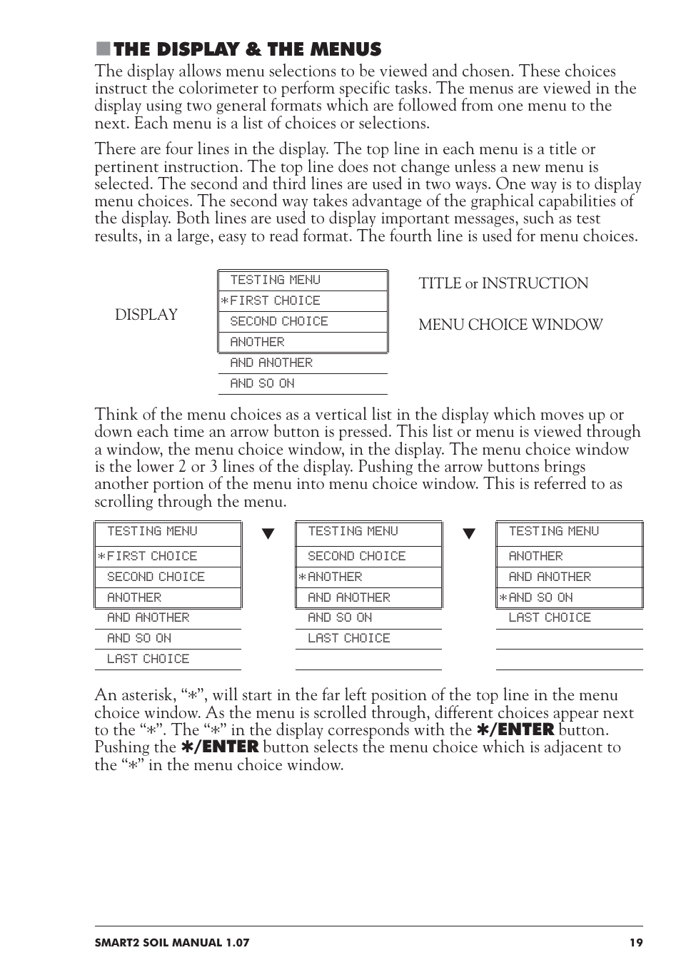 The display & the menus | LaMotte SMART 2 Electronic Soil Lab User Manual | Page 19 / 84