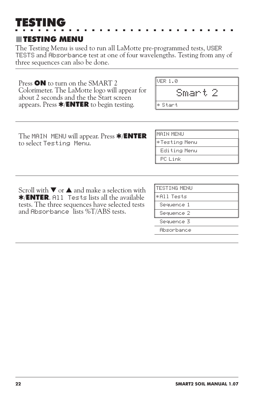 Testing, Smart 2 | LaMotte SMART 2 Electronic Soil Lab User Manual | Page 22 / 84