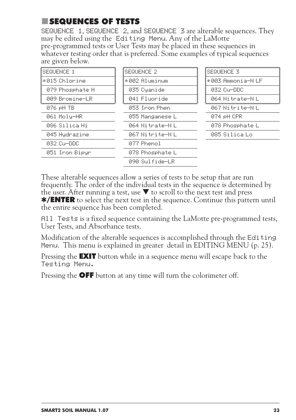 Sequences of tests | LaMotte SMART 2 Electronic Soil Lab User Manual | Page 23 / 84