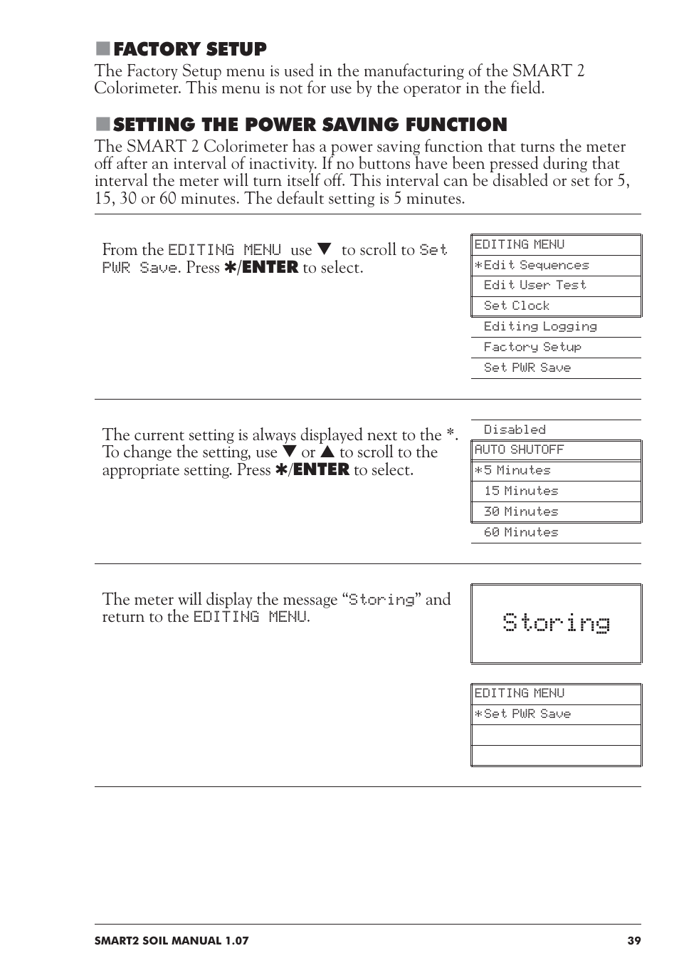 Storing, Factory setup, Setting the power saving function | LaMotte SMART 2 Electronic Soil Lab User Manual | Page 39 / 84