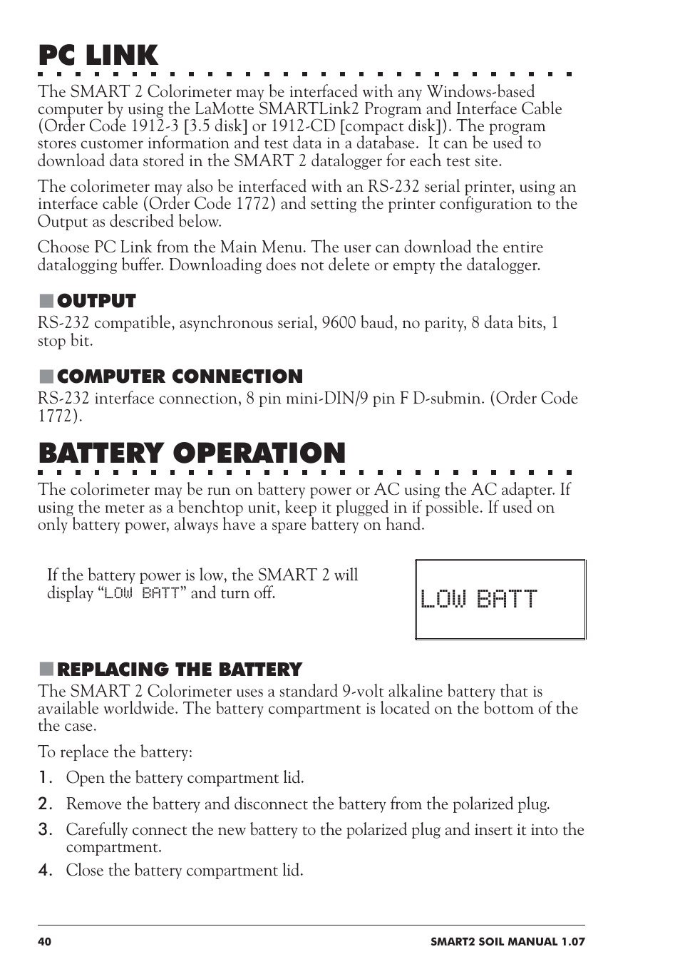 Pc link, Battery operation, Low batt | LaMotte SMART 2 Electronic Soil Lab User Manual | Page 40 / 84