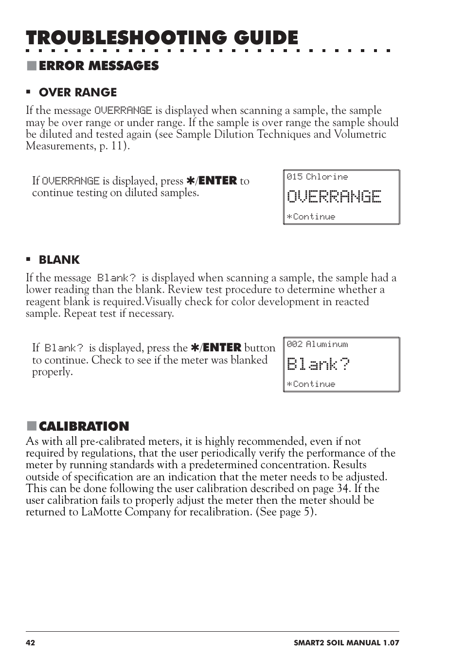 Troubleshooting guide, Overrange, Blank | LaMotte SMART 2 Electronic Soil Lab User Manual | Page 42 / 84